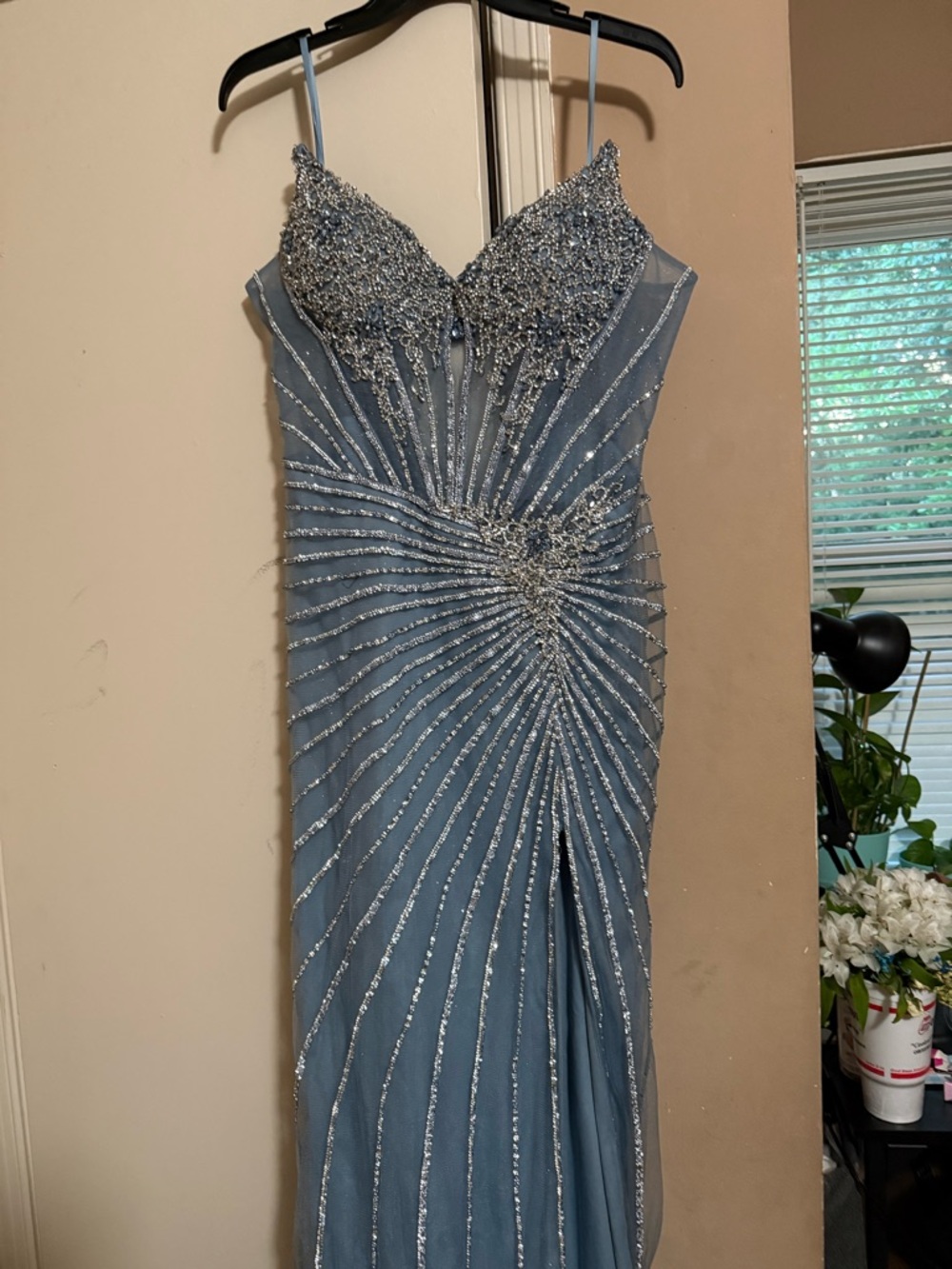 Beaded Dusty Blue Prom Gown